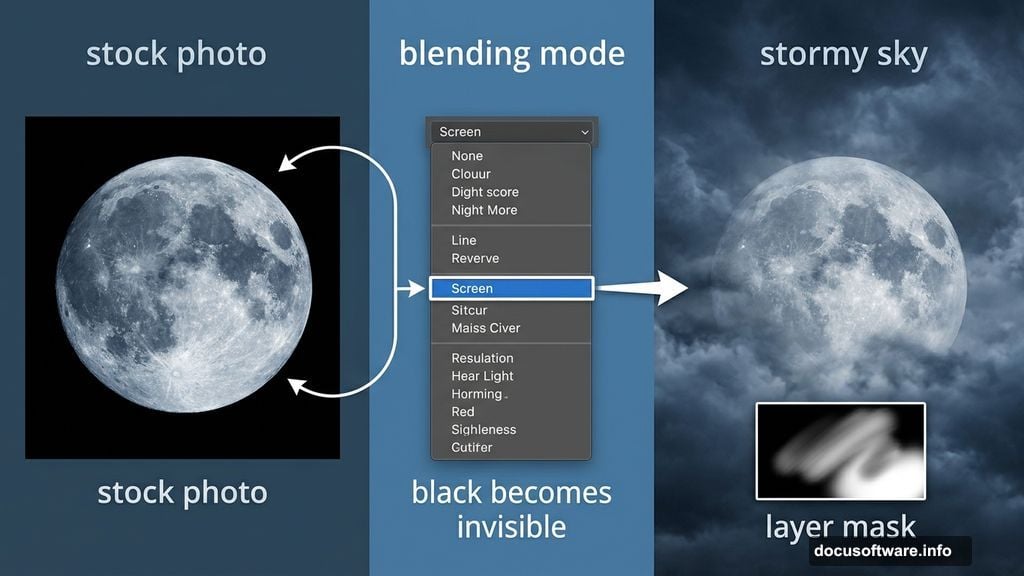 Screen blending mode makes black areas invisible for seamless moon compositing