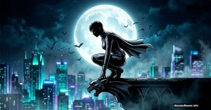 Dramatic Catwoman silhouette against glowing moon over dark city skyline