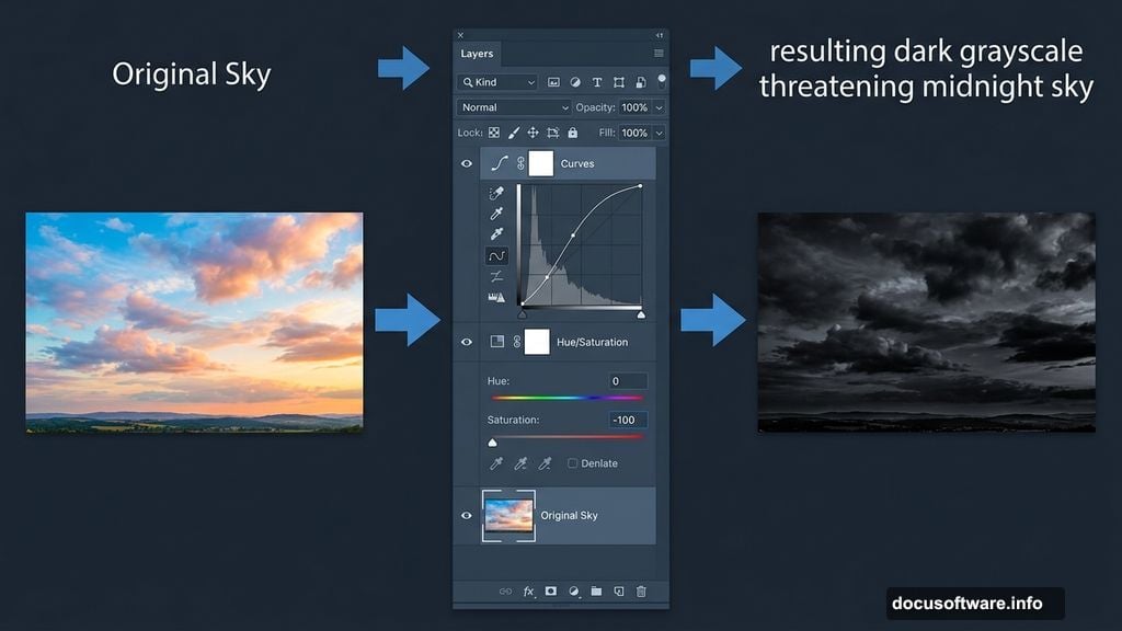 Hue/Saturation and Curves adjustment layers create dramatic midnight sky