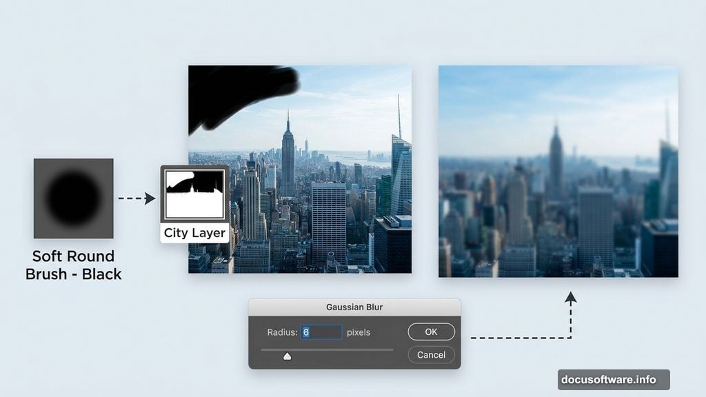 Layer masking and Gaussian Blur push city skyline into background depth