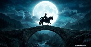 Medieval woman on horseback under dramatic glowing full moon at night