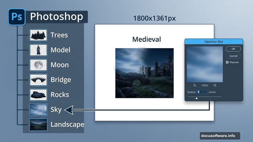 Photoshop layers panel building medieval night scene from scratch