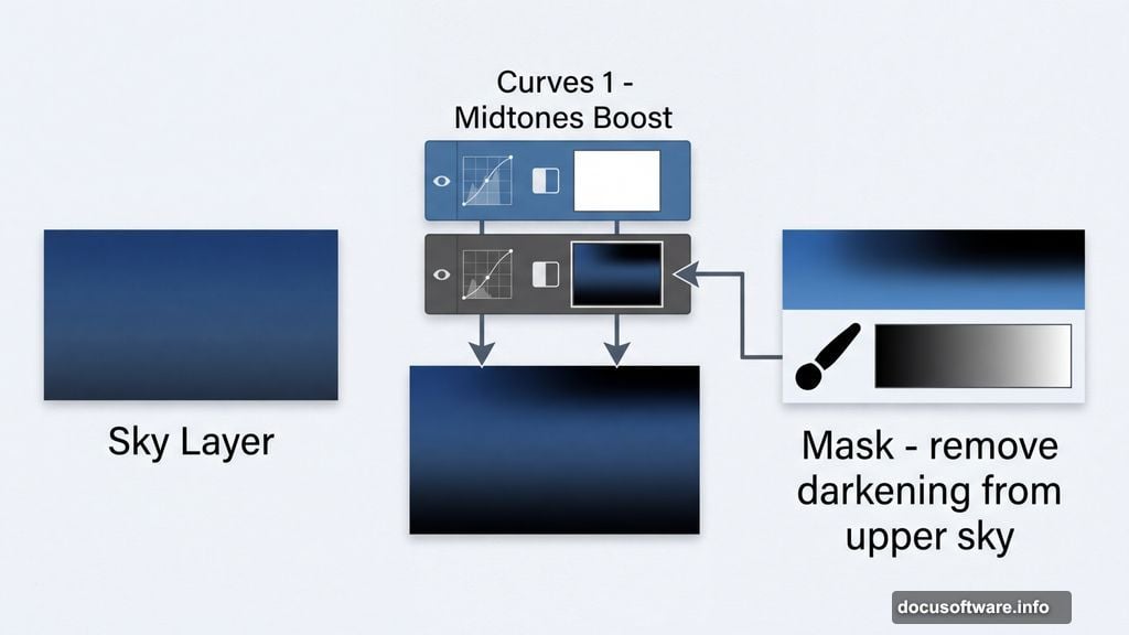 Curves adjustment layers clipped to sky with brush masking technique