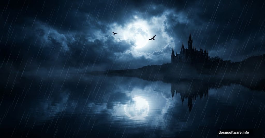 Dramatic moonlit rainy lake scene with castle silhouette in Photoshop