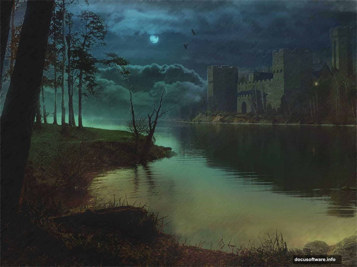 Sky replacement process sliding dramatic new sky behind lake layer