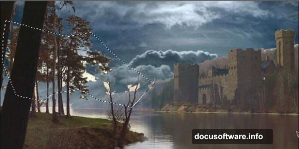 Rough composition sketch planning moonlit sky castle and birds placement