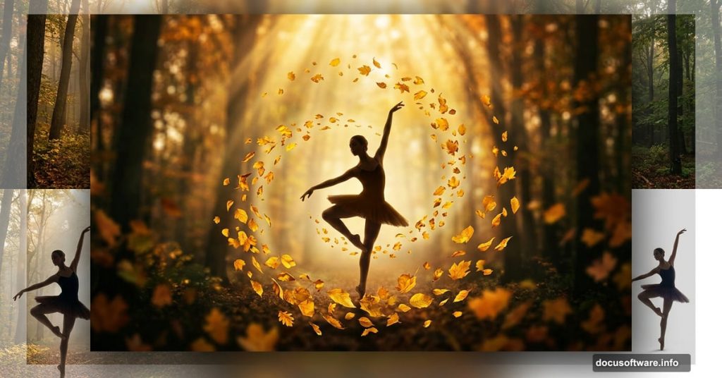 Glowing dancer surrounded by dreamy autumn forest light in Photoshop manipulation