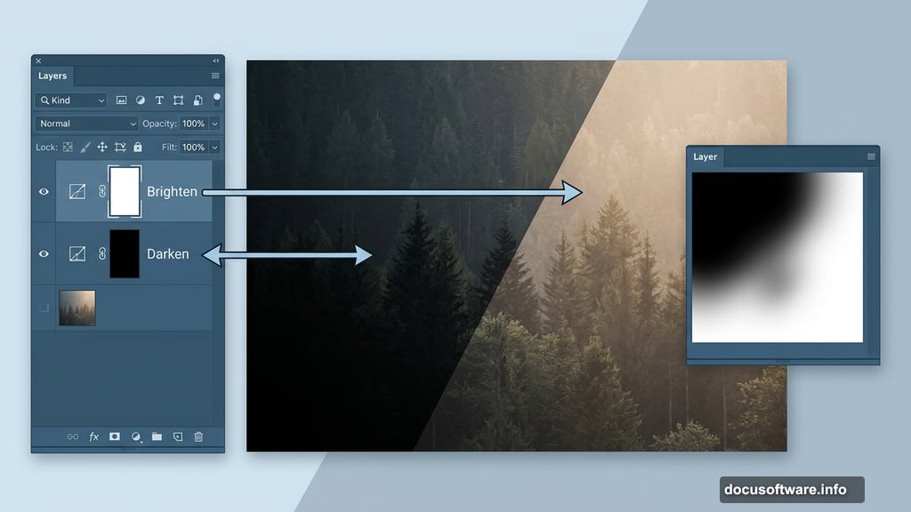 Two Curves adjustment layers shaping light and shadow in forest background