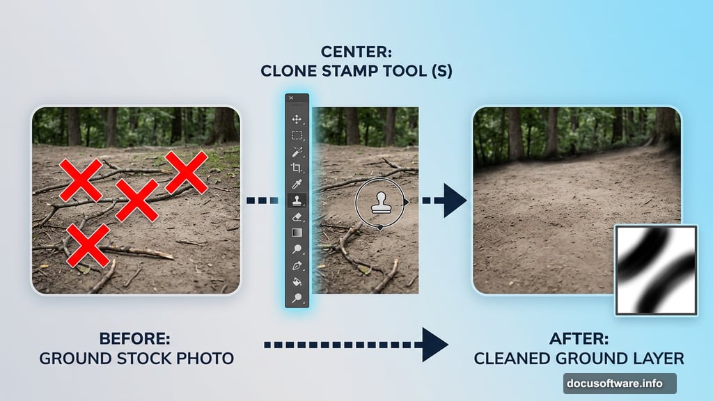 Clone Stamp Tool removes branches before ground blends into forest scene