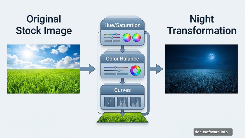Day-to-night grass transformation using Photoshop Hue/Saturation and Curves