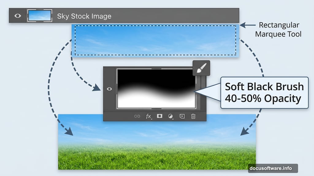 Sky layer mask blending horizon line into grass using soft black brush