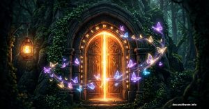 Glowing fantasy doorway surrounded by magical luminous butterflies in Photoshop