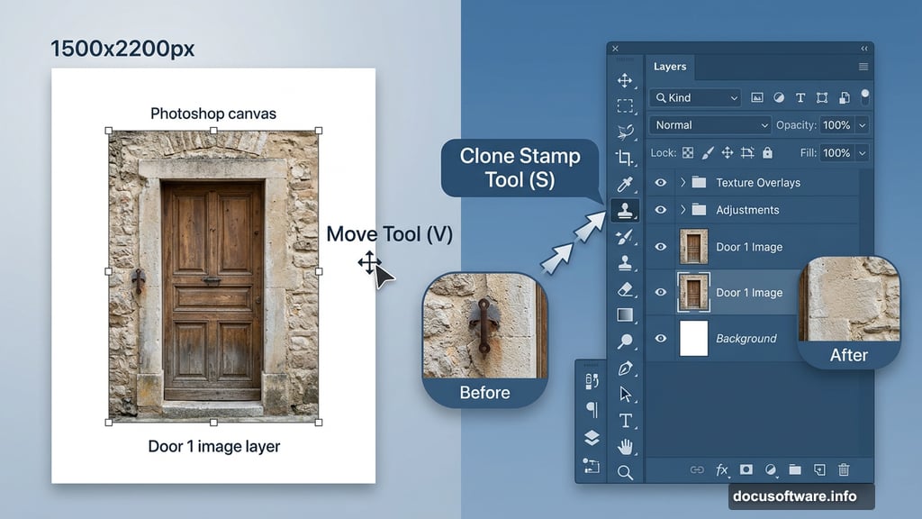 Clone Stamp Tool removes iron fixture from wall beside the door