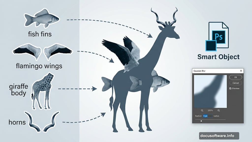 Giraffe fish hybrid creature built by grafting fins flamingo wings and horns