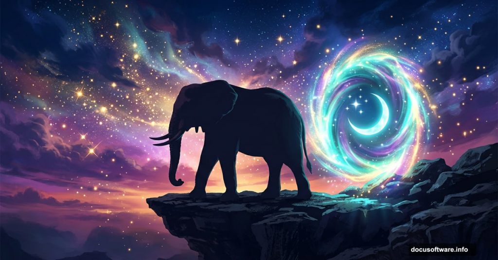 Majestic elephant on cliff beneath glowing fantasy portal and crescent moon