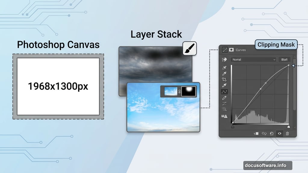 Curves adjustment layer clipped to sky layer brightens fantasy composition