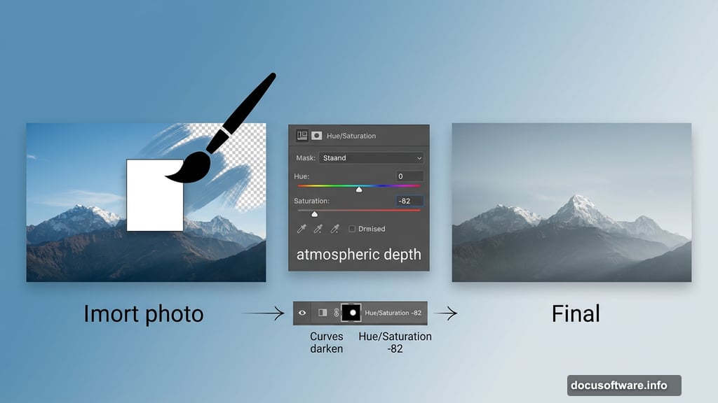 Hue/Saturation desaturation at negative 82 creates distant mountain depth