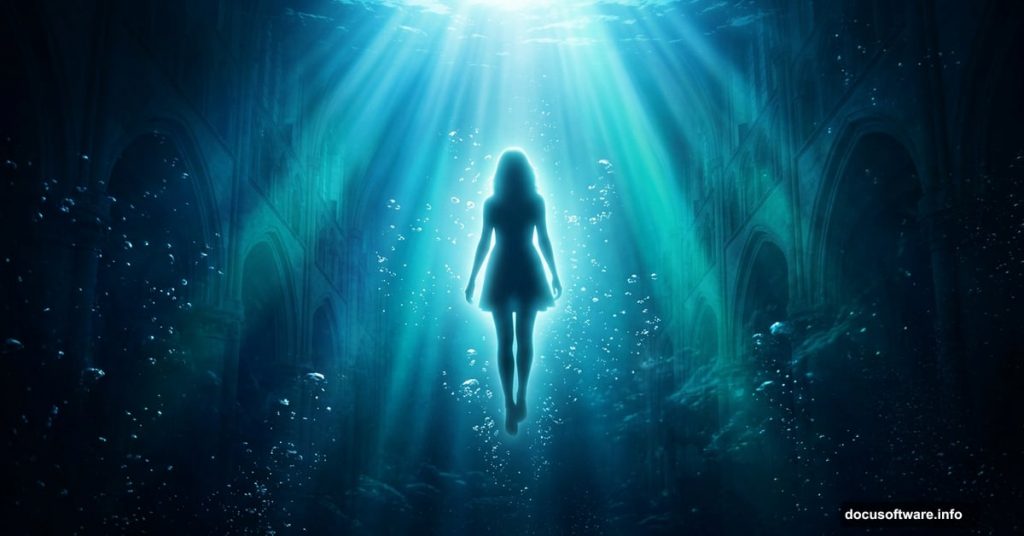 Glowing woman inside a fantasy underwater dreamscape with cathedral light rays