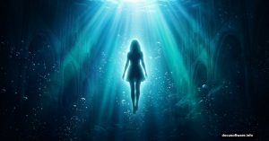 Glowing woman inside a fantasy underwater dreamscape with cathedral light rays