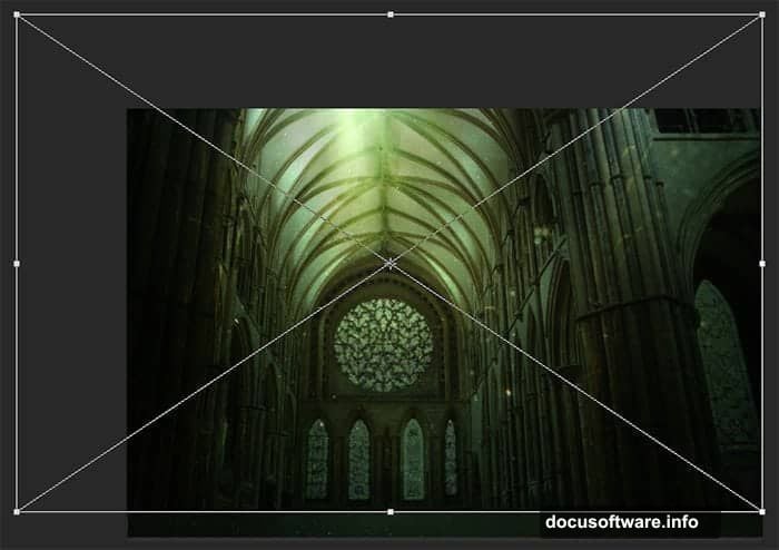 Layer mask with soft brush painting black to hide cathedral edges