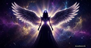 Fantasy woman with wing dress glowing amid cosmic nebulas and light