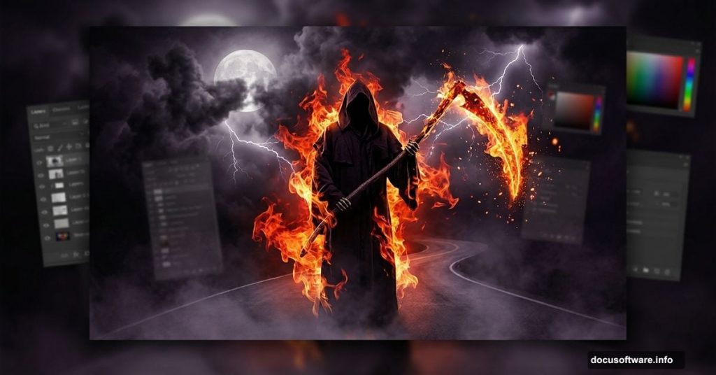 Fiery Grim Reaper silhouette on dark road built in Photoshop