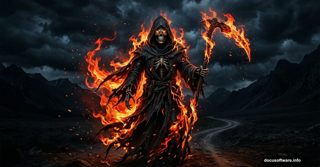 Fiery Grim Reaper figure engulfed in flames in Photoshop manipulation