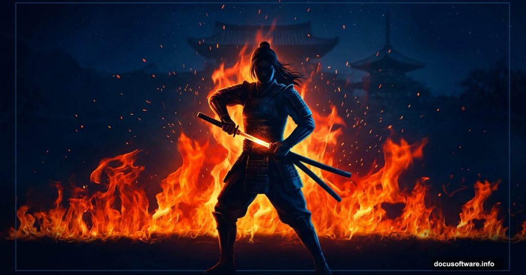 Female samurai warrior standing in flames with cinematic night lighting