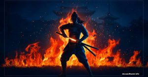 Female samurai warrior standing in flames with cinematic night lighting