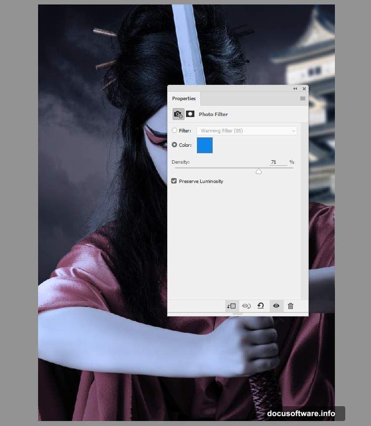 Directional light shaping and atmospheric color grading on samurai scene