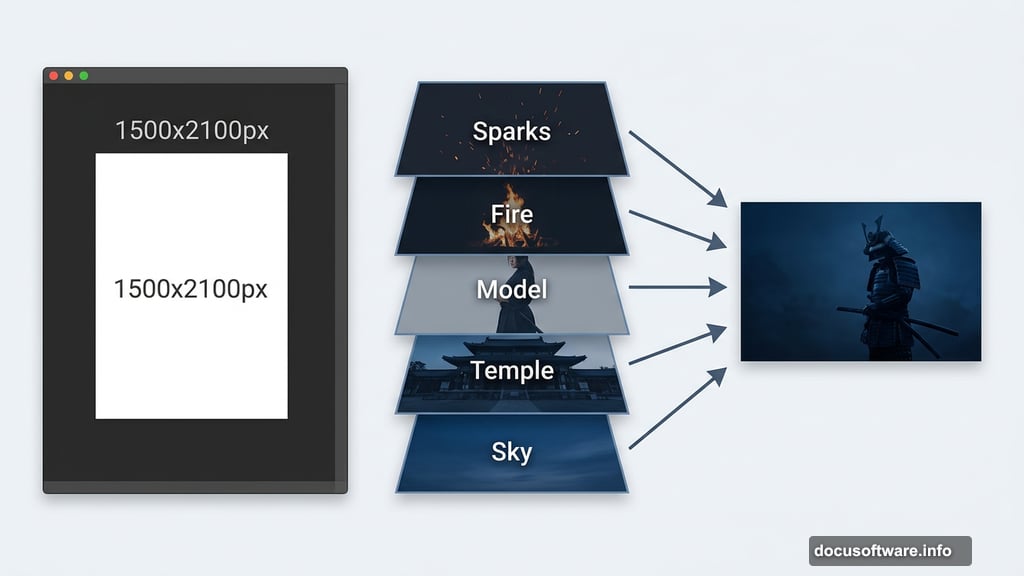 Photoshop layers stacked to build a nighttime samurai scene