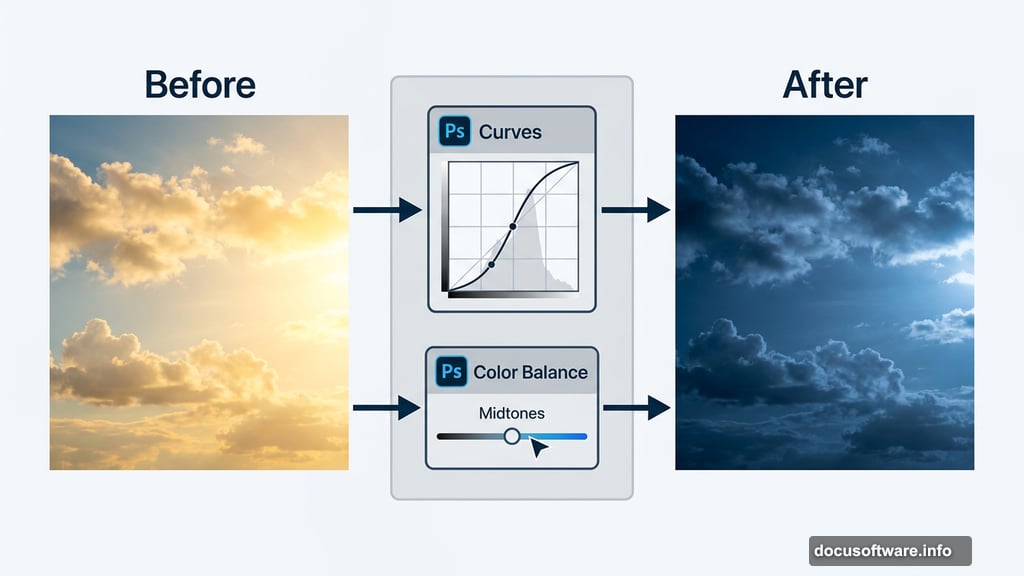 Curves and Color Balance adjustments transform daytime sky into nighttime