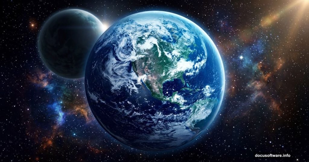 Glowing Earth viewed from deep space against a star-filled galaxy