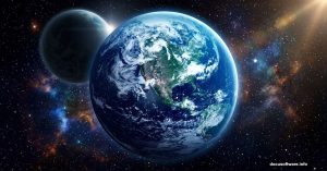 Glowing Earth viewed from deep space against a star-filled galaxy