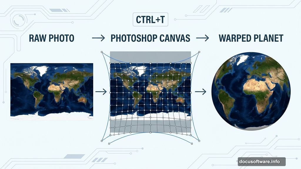 Photoshop warp transform tool applied to Earth photo creating curved planetary shape