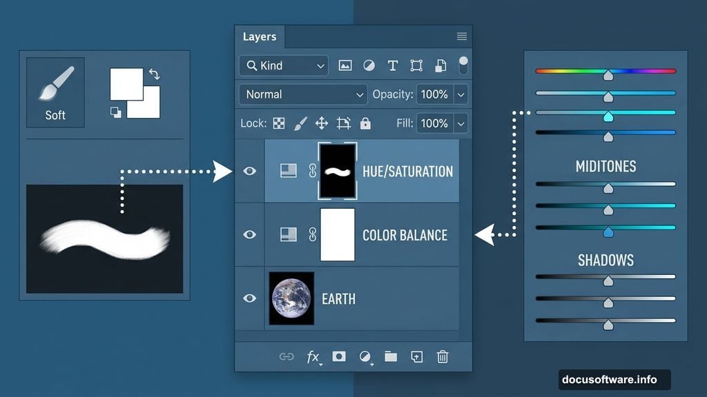 Color Balance and Hue Saturation adjustment layers clipped to Earth layer Photoshop