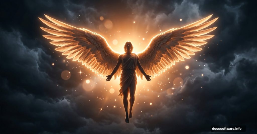 Glowing angel with wings spread against dramatic storm clouds