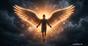 Glowing angel with wings spread against dramatic storm clouds