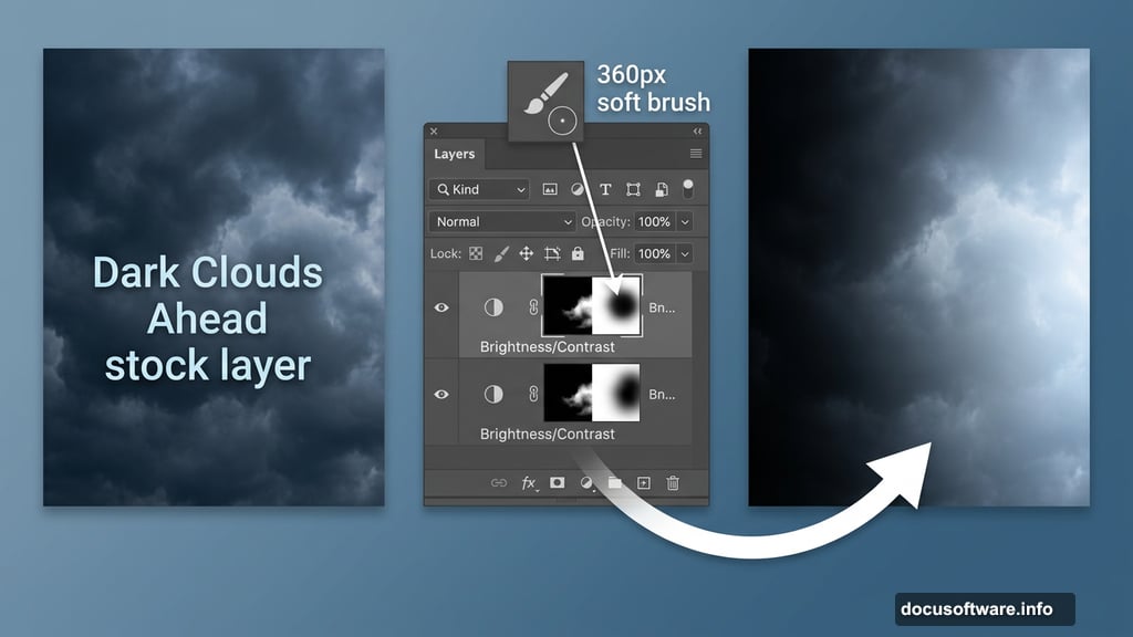 Two Brightness/Contrast adjustment layers painting dramatic cloud background mask