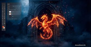 Fiery gothic dragon emerging from dark ancient door in Photoshop
