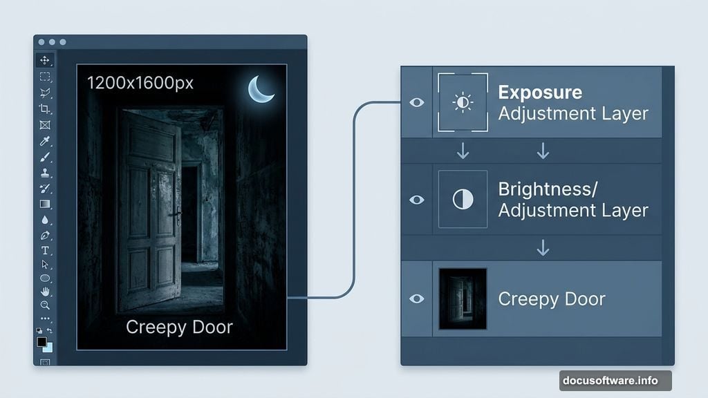 Photoshop Exposure and Brightness adjustment layers create gothic night scene