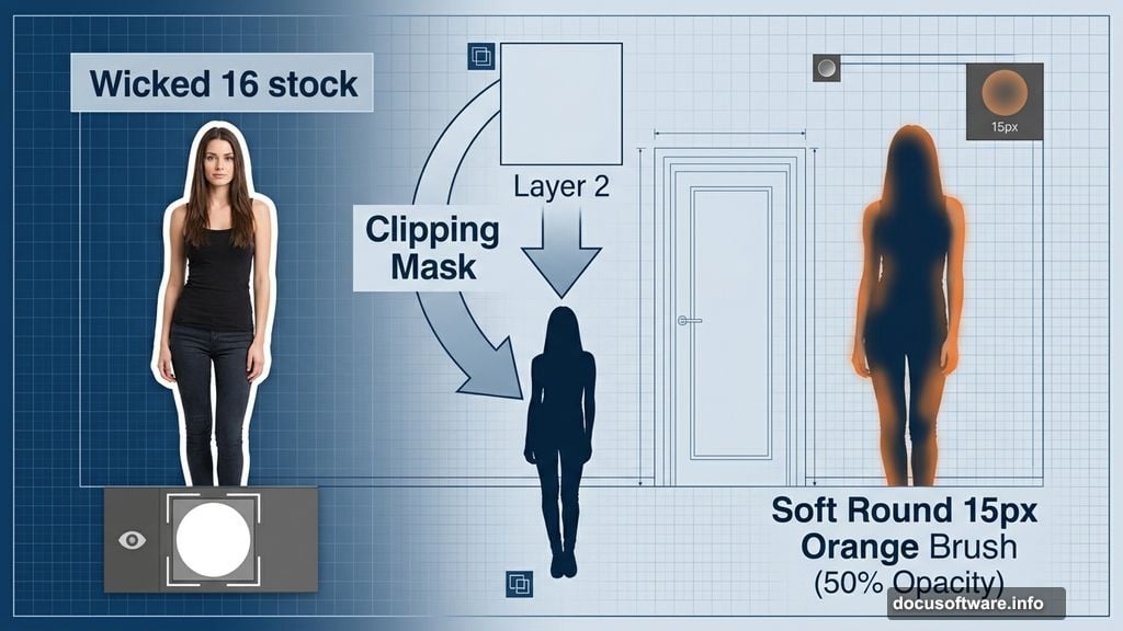 Clipping mask and soft orange brush paint realistic light onto model