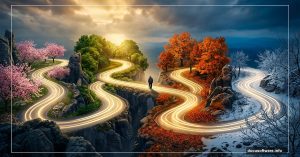 Lone figure walks zigzag road through four seasons representing life journey