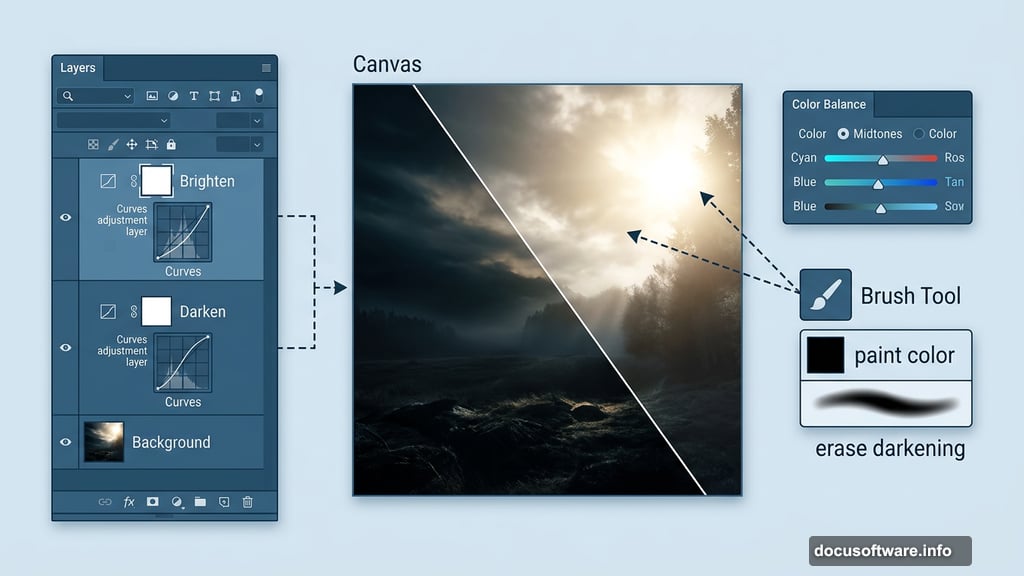 Curves and Color Balance adjustment layers creating moody atmospheric sky
