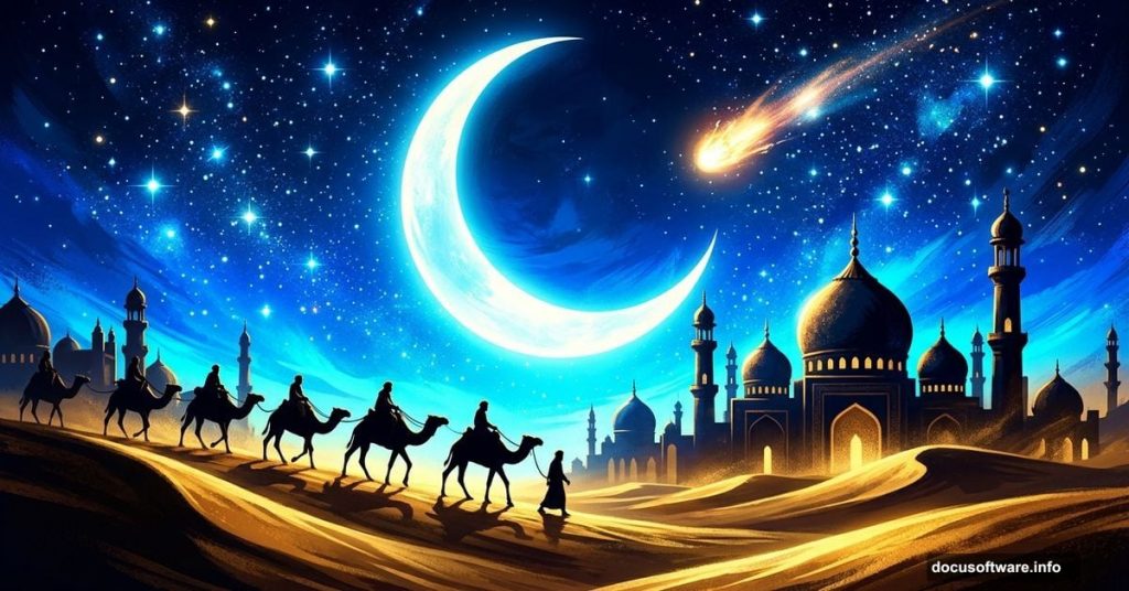 Mysterious Arabian night scene with mosque silhouette and glowing moon