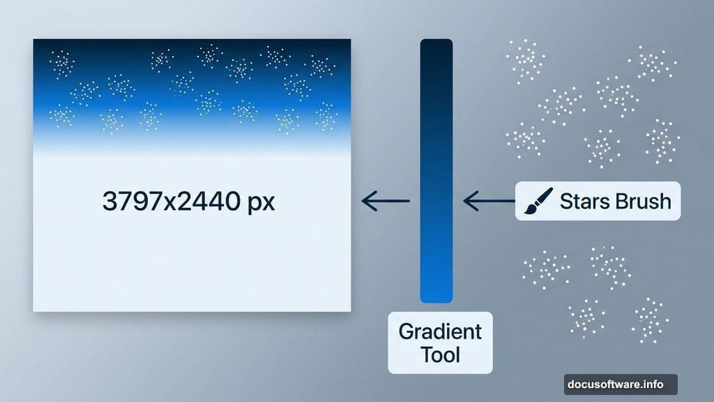 Building night sky background with gradient tool and stars brush