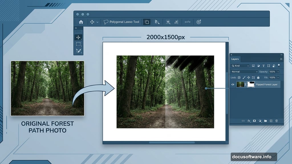 Flipping forest path with Polygonal Lasso Tool to create symmetrical composition