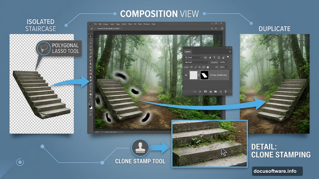 Staircase duplication and Clone Stamp Tool removing plants from steps