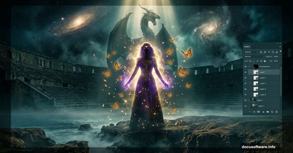 Mystical enchantress glowing in dramatic fantasy Photoshop photo manipulation scene