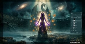 Mystical enchantress glowing in dramatic fantasy Photoshop photo manipulation scene